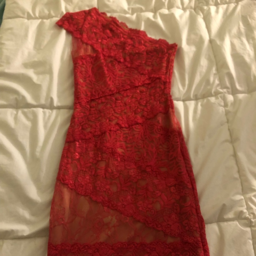 Bebe dress. Hot pink lace over nude couture!